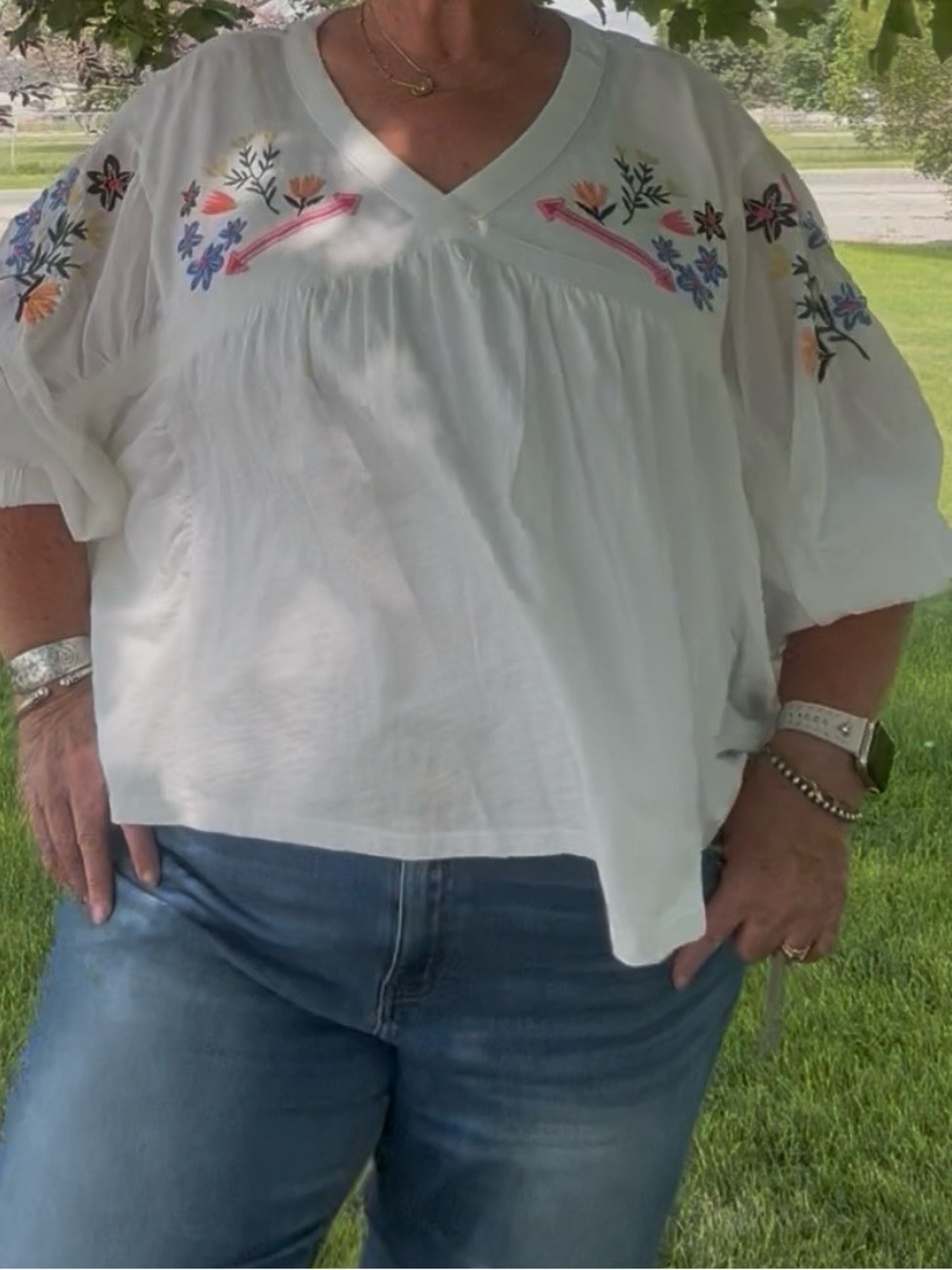 Double D Ranch White Blouse with Colorful Embroidery.
